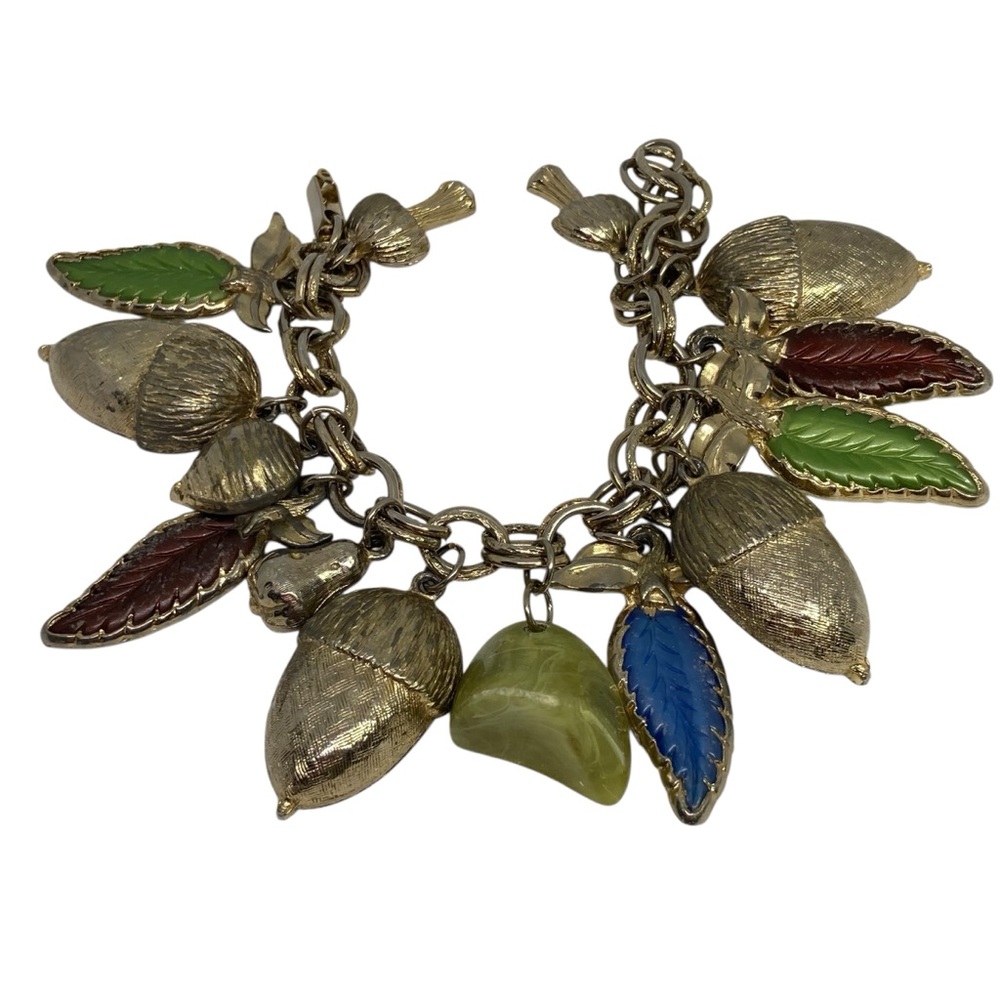 VTG Y2K Fall Harvest Charm Bracelet Acorns, Colorful Leaves & Lucite Stone